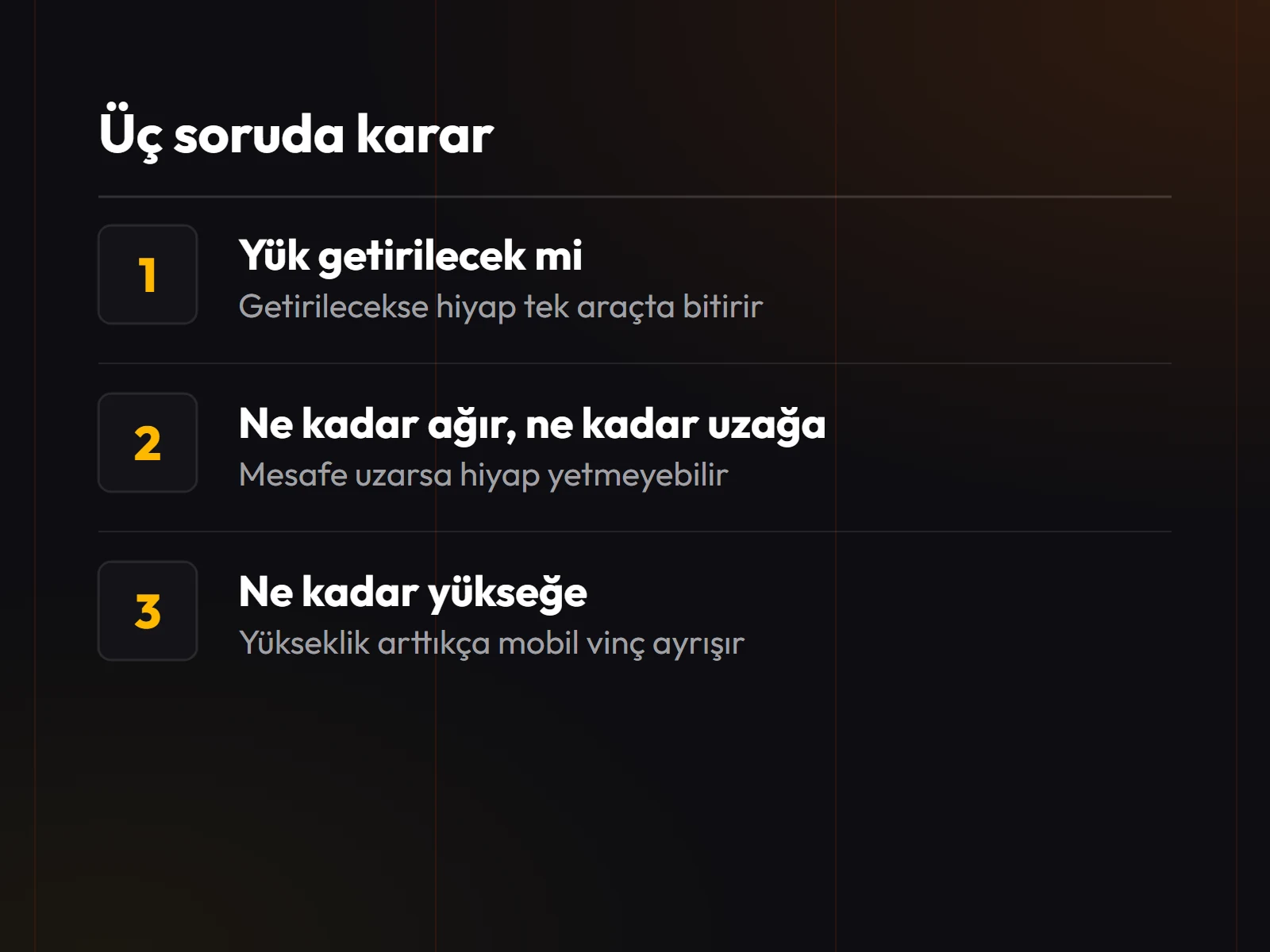 Üç soruluk karar akışı: yük getirilecek mi, ağırlık ne, ne kadar yükseğe çıkacak.