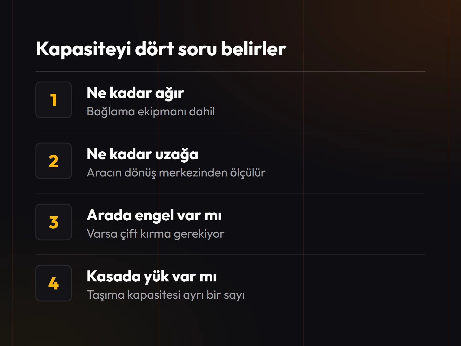 Hiyap kapasitesini belirleyen dört soru: ağırlık, mesafe, arada engel olup olmadığı ve kasadaki yük.