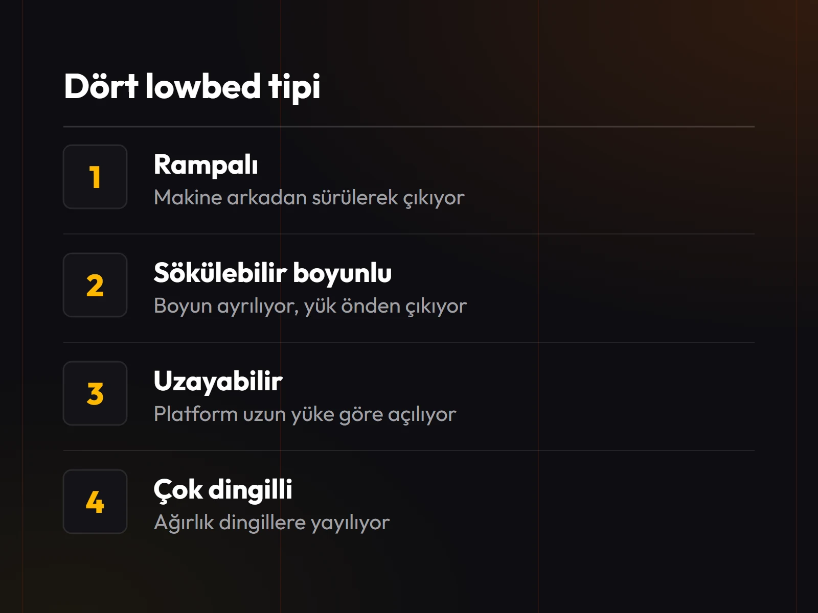 Dört lowbed tipi: rampalı, sökülebilir boyunlu, uzayabilir ve çok dingilli.