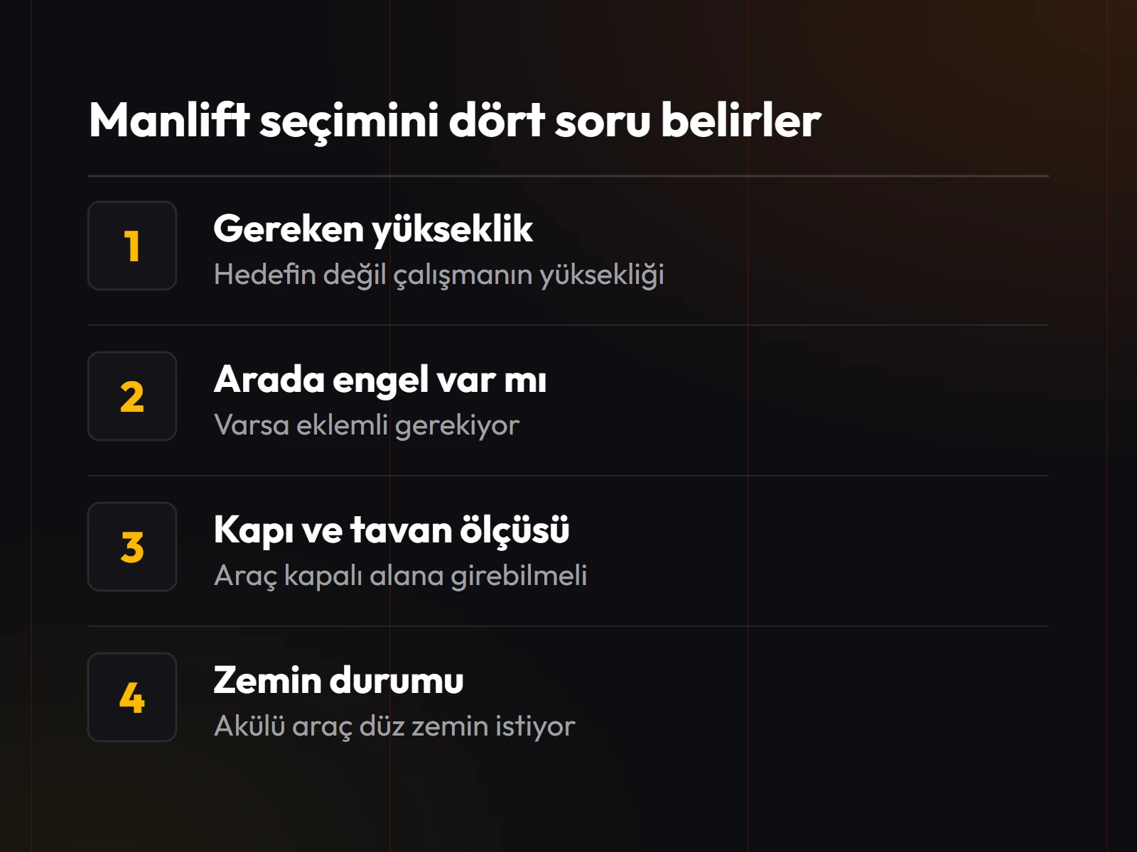 Manlift seçimini belirleyen dört soru: gereken yükseklik, arada engel olup olmadığı, kapı ve tavan ölçüsü, zeminin durumu.