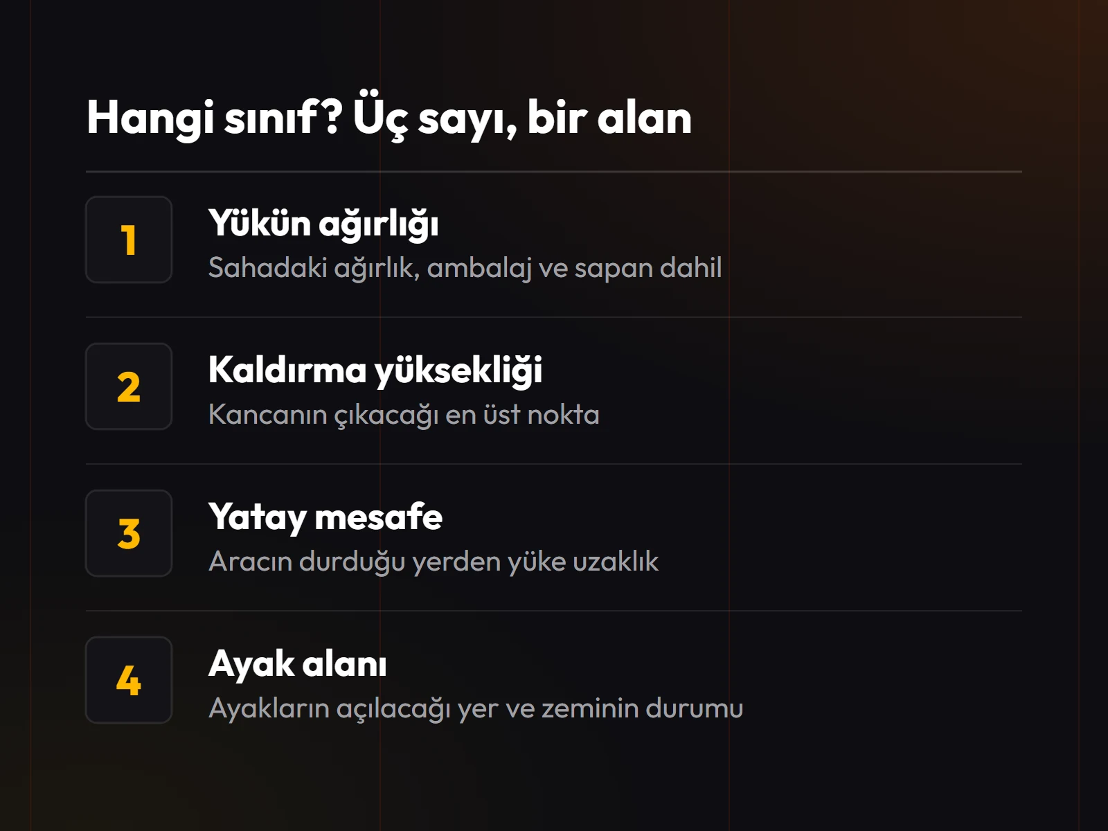 Mobil vinç için gereken bilgiler: yükün ağırlığı, kaldırma yüksekliği, araçtan yüke yatay mesafe ve ayakların açılacağı alan.