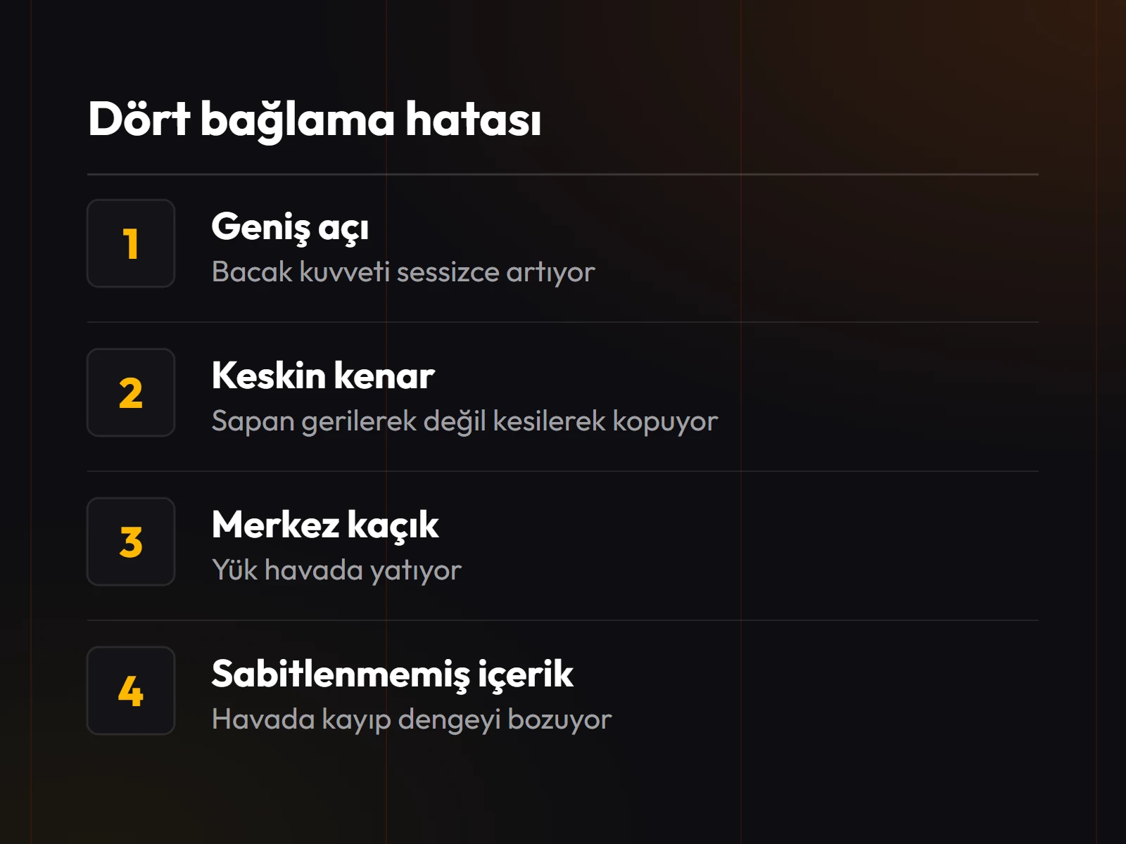 Dört bağlama hatası ve her birinin sahada ne sonuç verdiği: tek nokta, keskin kenar, yanlış kanca, dengesiz merkez.