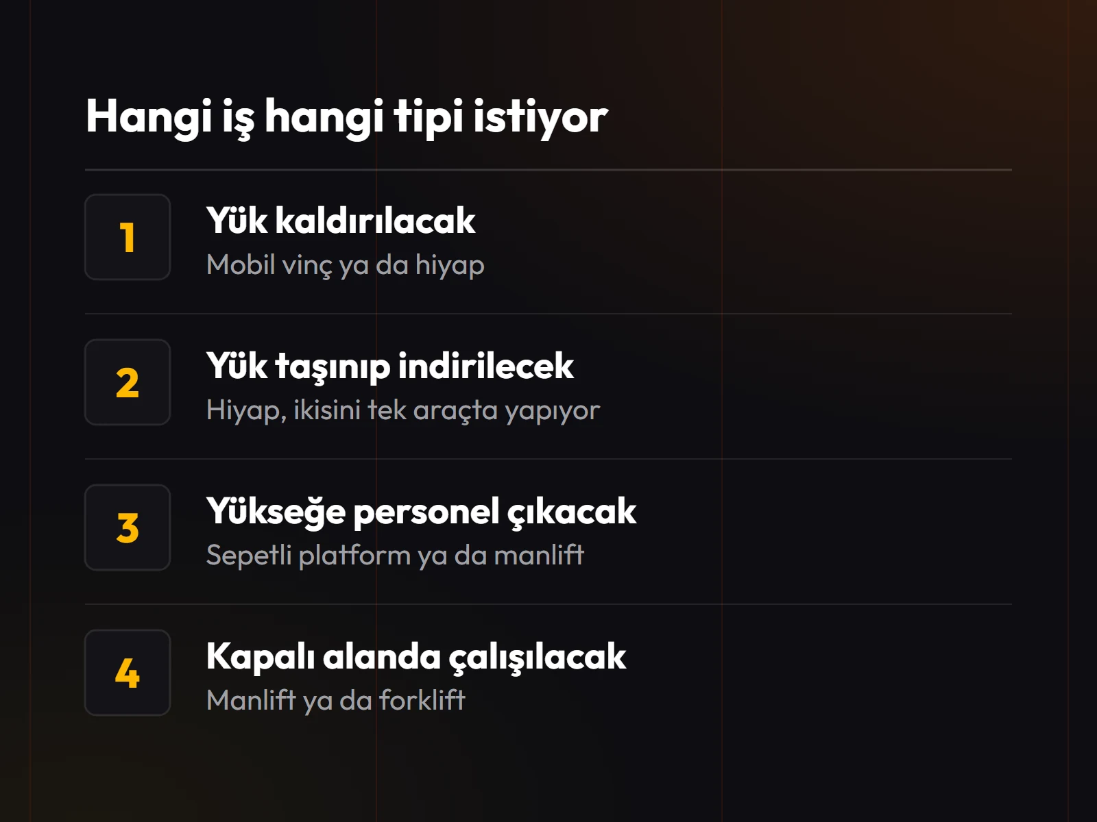 Hangi iş hangi tipi gerektiriyor: yük kaldırma, yük taşıyıp indirme, yükseğe personel çıkarma ve kapalı alanda çalışma.