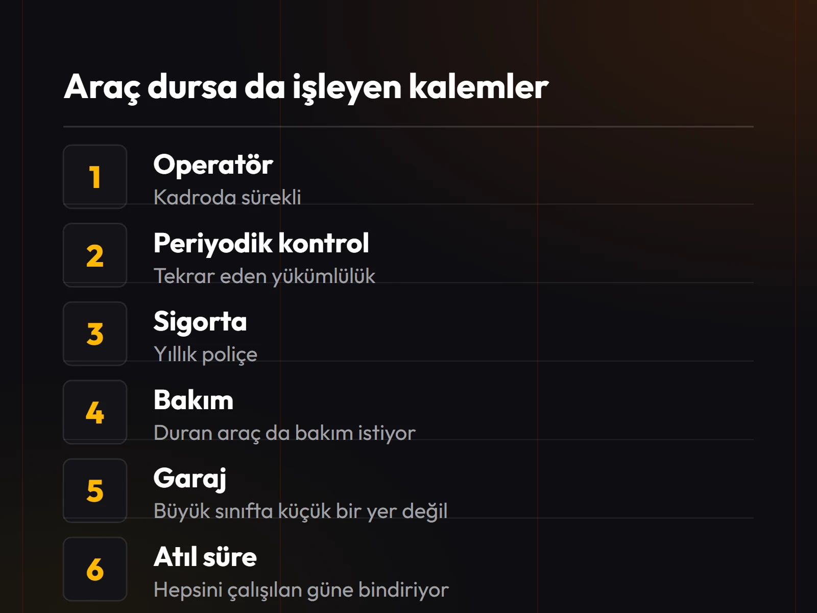 Sahipliğin altı gizli kalemi: operatör, periyodik kontrol, sigorta, bakım, garaj ve atıl süre.